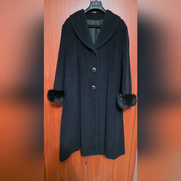 Cinzia Rocca By Rodel Black Winter Wool Coat w Fox Fur Trim Cuffs IT46/ US 16 - Picture 1 of 17